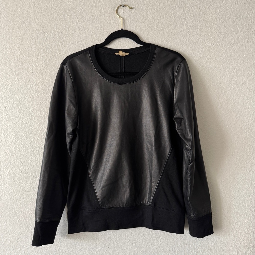 HELMUT LANG Wool-Backed Leather Crew Neck Pullover Sweatshirt BLACK  $399